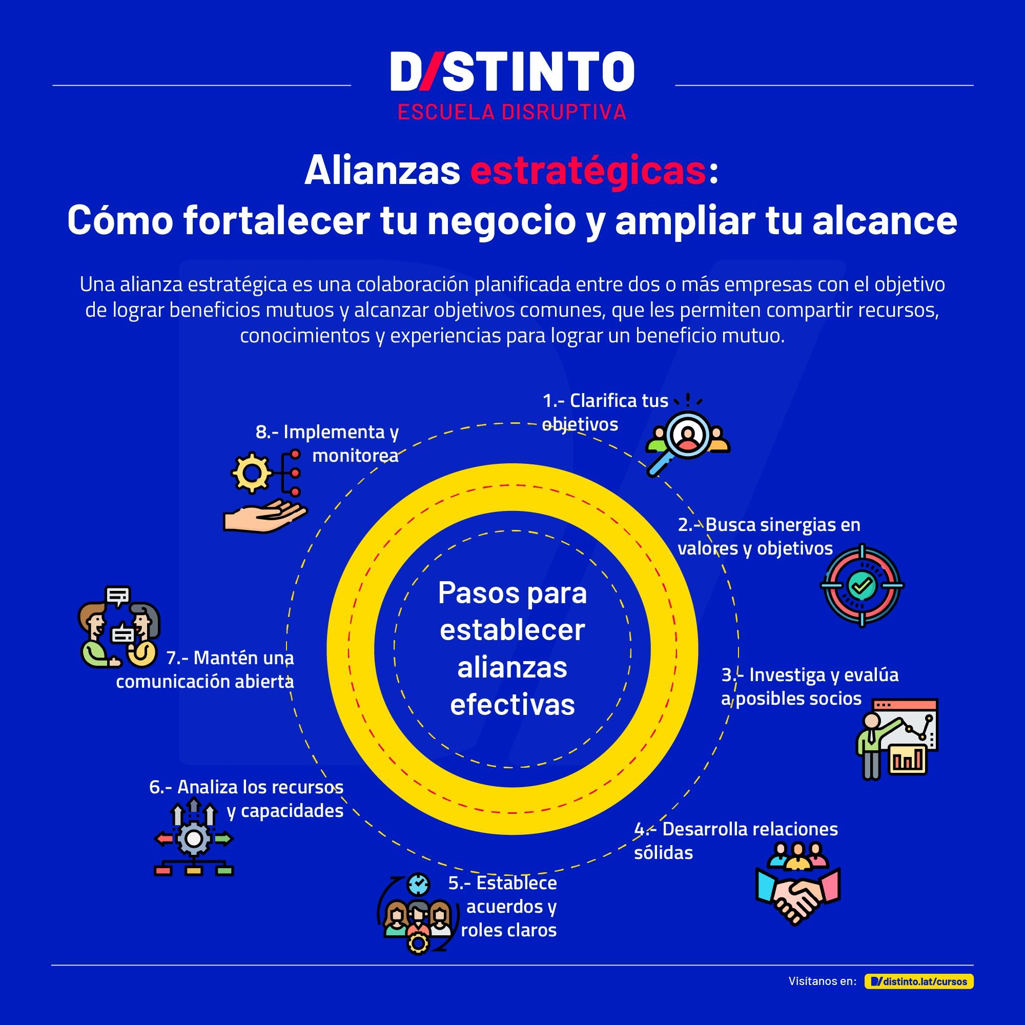 Pasos para esteblecer alianzas efectivas. Infografía realizada por Distinto Escuela Disruptiva.